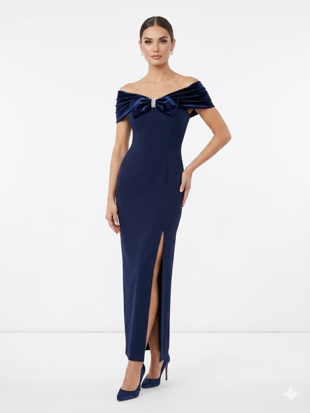Y2k Off-the-Shoulder Navy One-Shoulder Evening Gown with Bow Detail